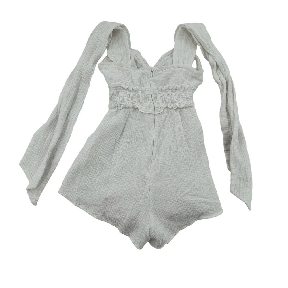 Indikah White Gauze Tie Shoulder Smocked Waist Romper Cutout Boho Summer Size S